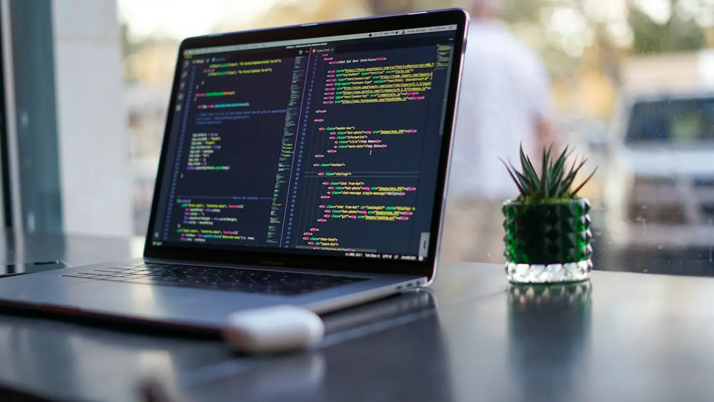 Code on a laptop beside a small plant.