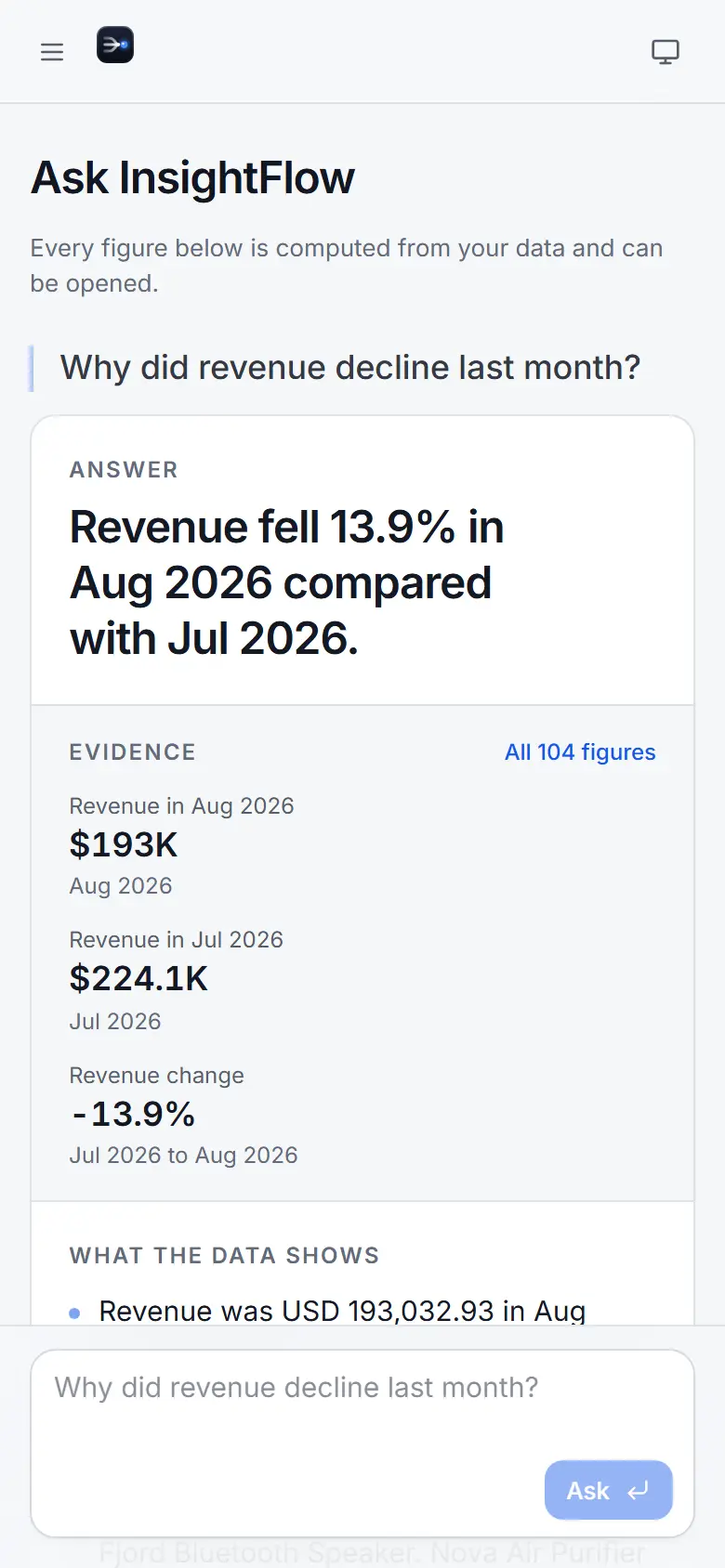 InsightFlow AI on a phone, answering a question about a fall in revenue with its evidence.