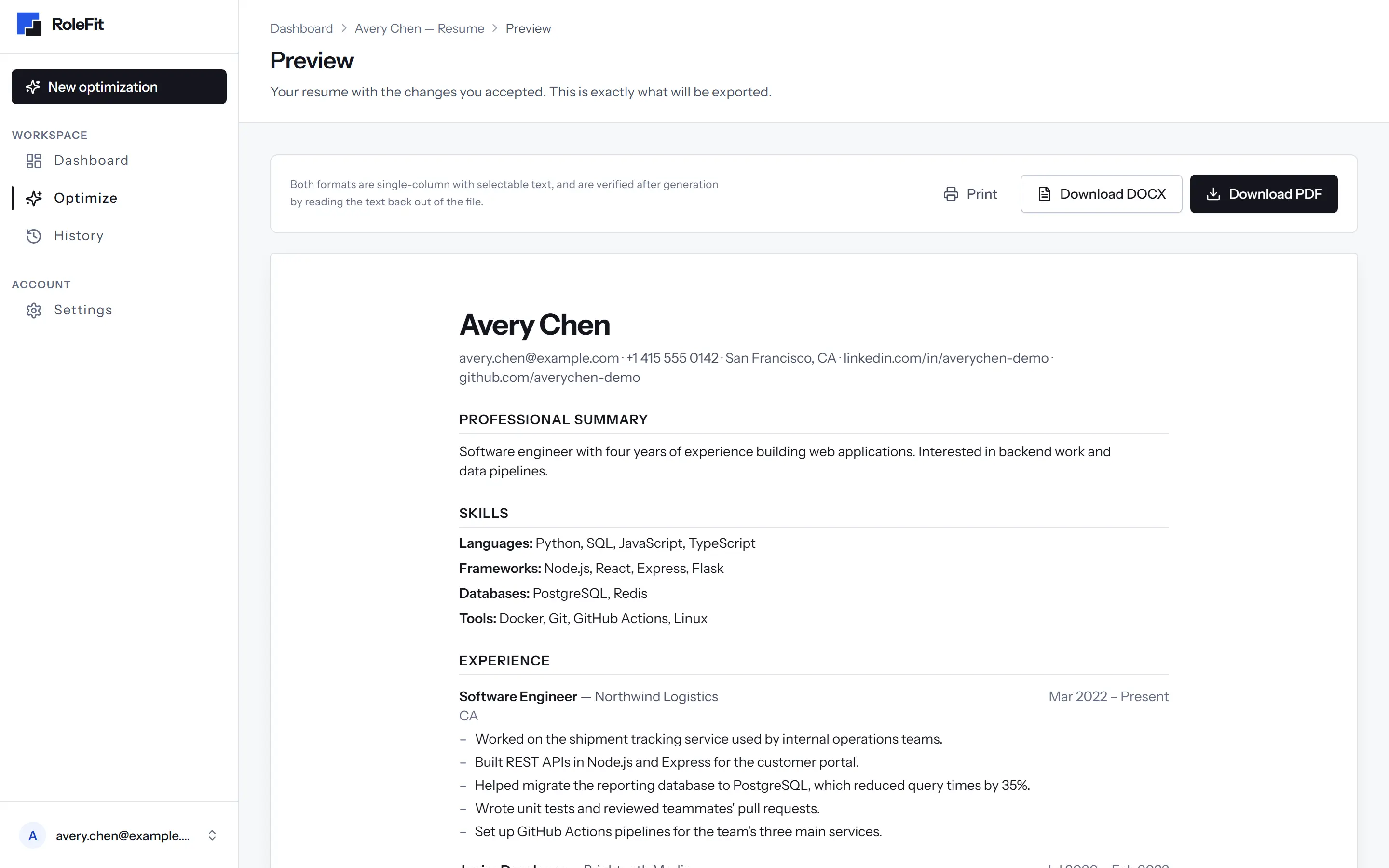 The preview of the assembled resume as it will export, with print, DOCX and PDF controls.
