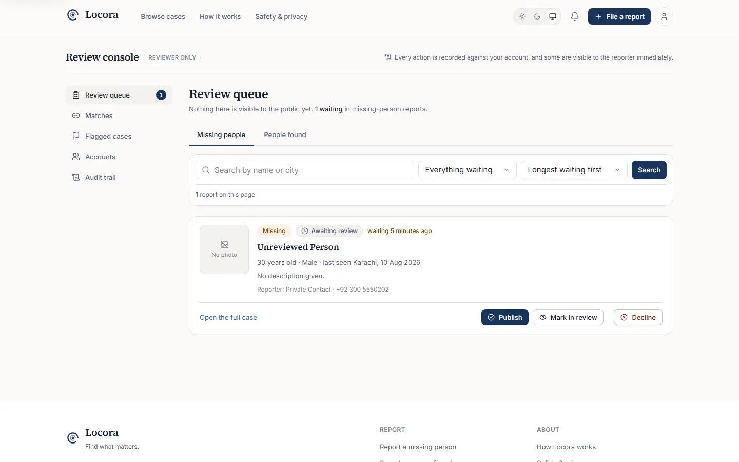 The Locora review queue, with a report awaiting review and publish, mark in review and decline actions.