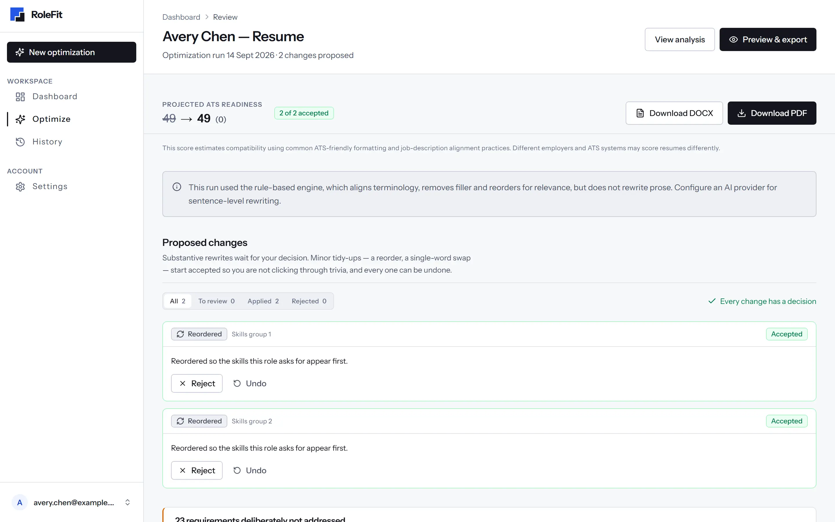 The review screen, where each proposed change is shown with accept, reject and undo controls.